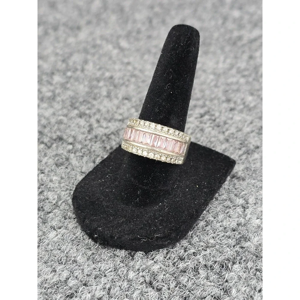 Vintage Sterling Silver 925 Band Style Ring Pink and Clear‎ Stones Size 7 CZ